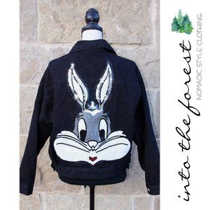 Nwt NEW Sequin Bugs Bunny Black Denim Jean Oversized Jacket Small Medium Large